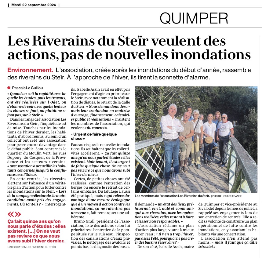 Coupure Ouest-France du 22 septembre 2026 : Les Riverains du Steïr veulent des actions, pas de nouvelles inondations